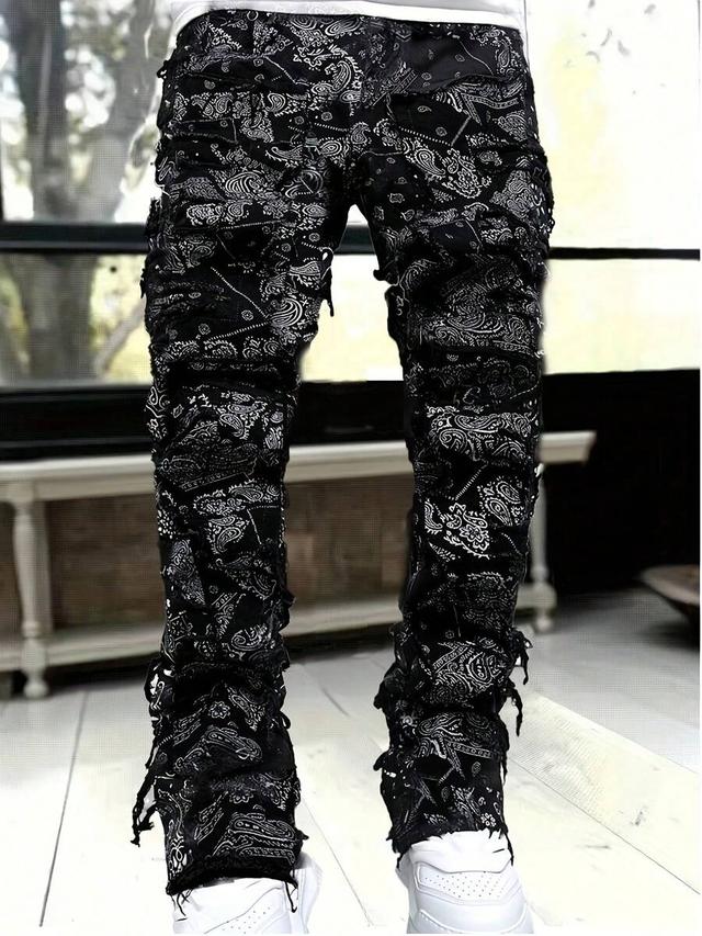 men's paisley print distressed stacked denim jeans
