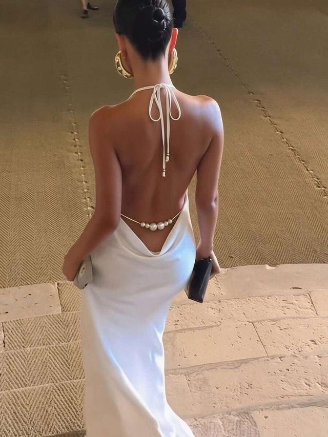 white silk cowl neck backless halter dress