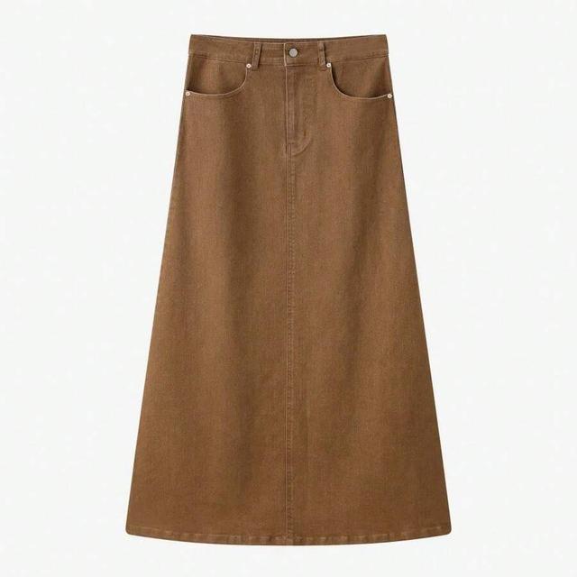 brown stretch denim midi skirt in brown