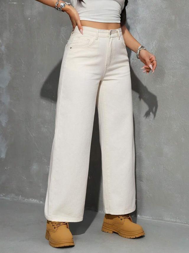 solid color off-white straight leg casual denim jeans