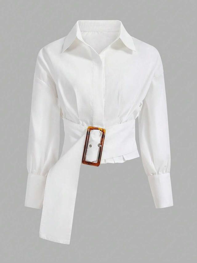white solid drop shoulder buckle detail shirt