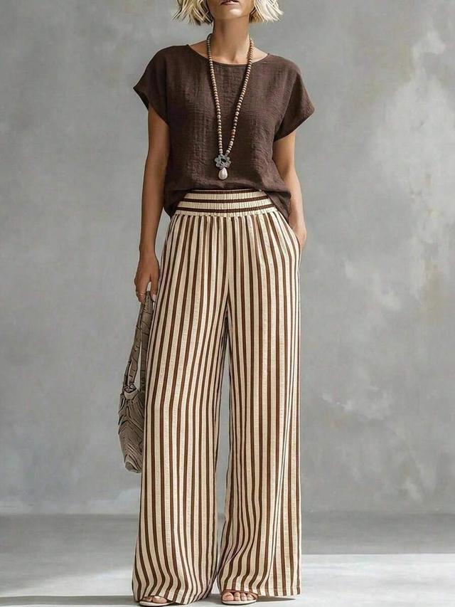 textured solid top and striped loose pants set