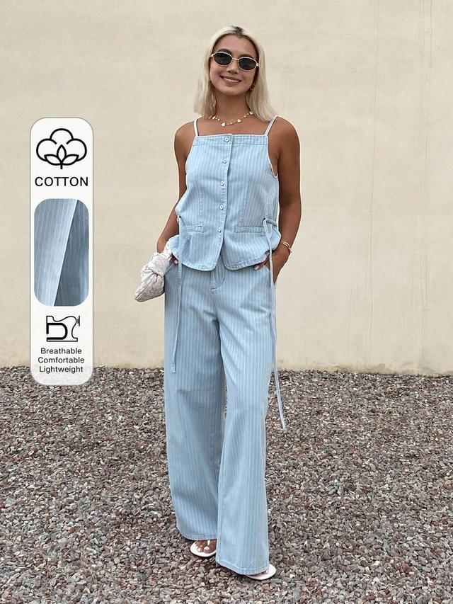 light blue pinstripe denim camisole and matching wide-leg trousers
