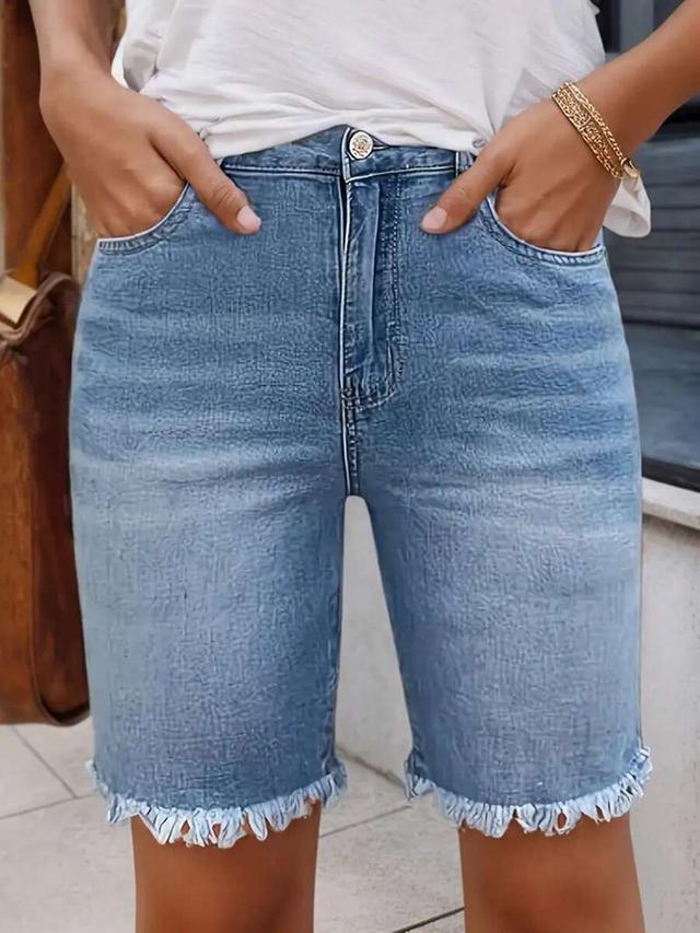 distressed denim bermuda shorts with raw hem