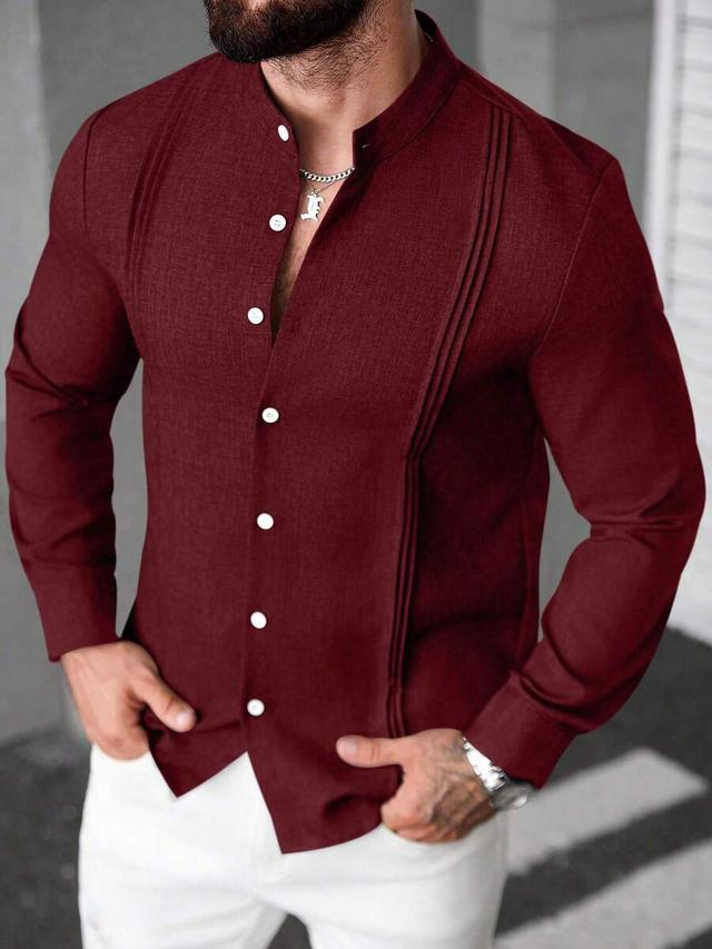 burgundy long sleeve pleated mandarin collar dress shirt