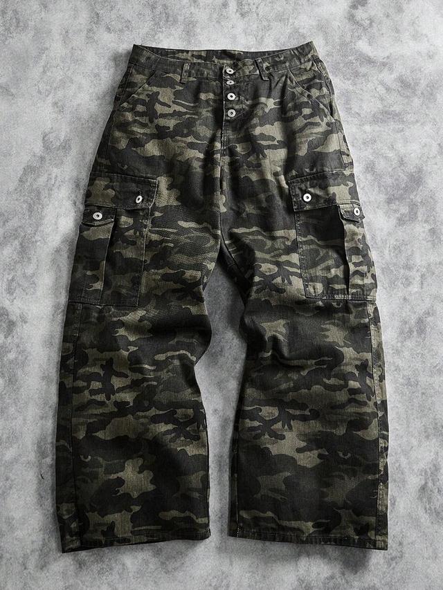 camouflage cargo wide leg pants with button fly