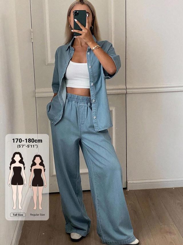 light wash denim short sleeve shirt and trousers set
