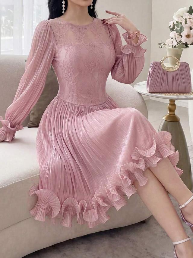 dusty pink lace patchwork pleated midi dress