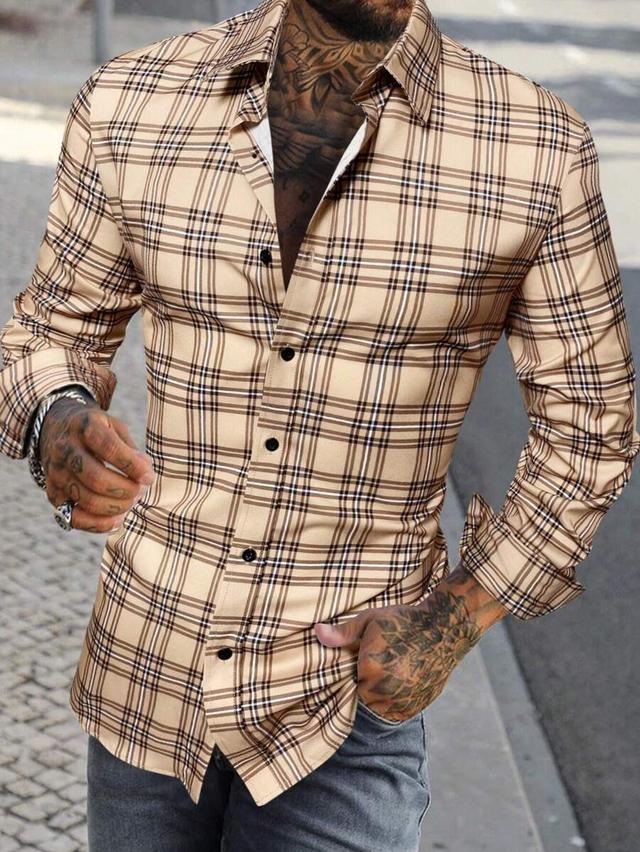 beige plaid print long sleeve formal shirt