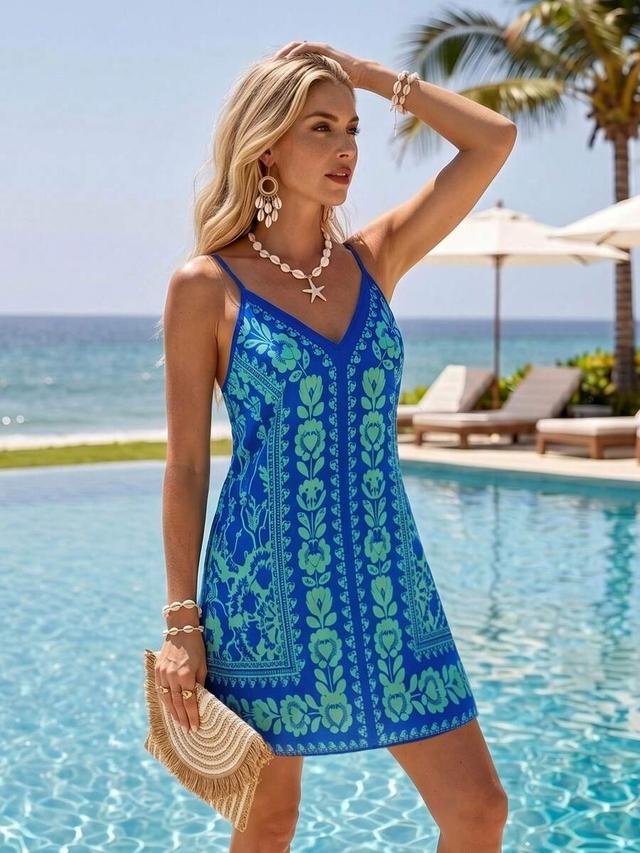blue and green floral print camisole shift dress