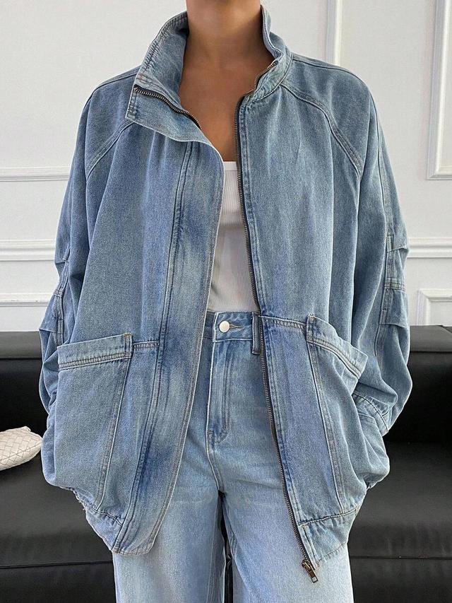 oversized light wash denim bomber jacket