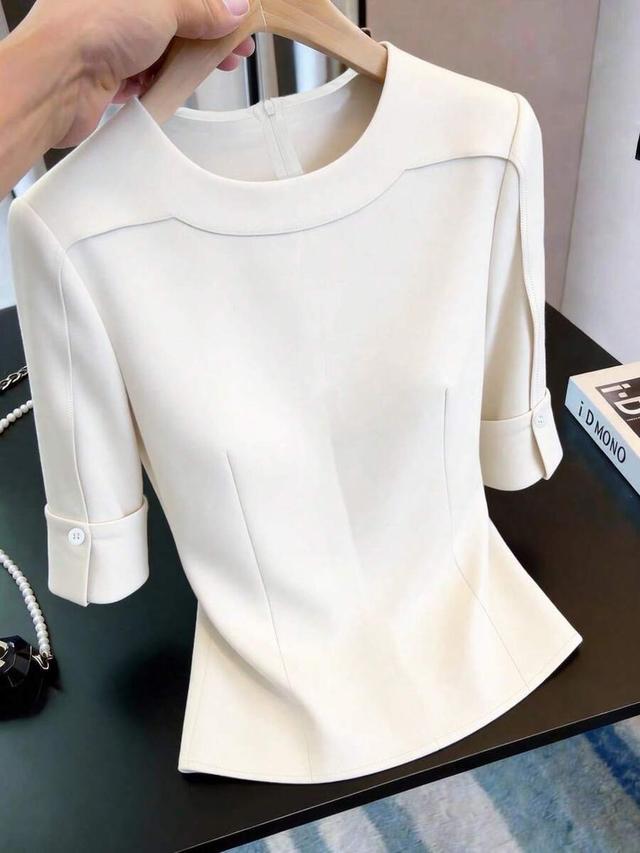 solid color round neck tailored short sleeve blouse