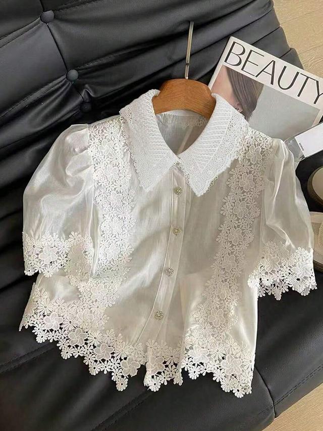 white contrast lace puff sleeve button up shirt