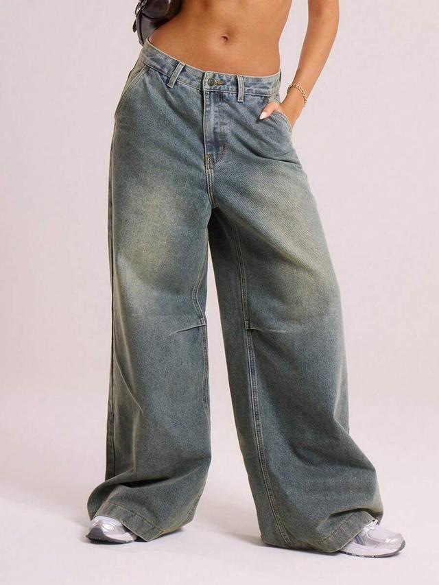 vintage wash baggy denim jeans with knee darts