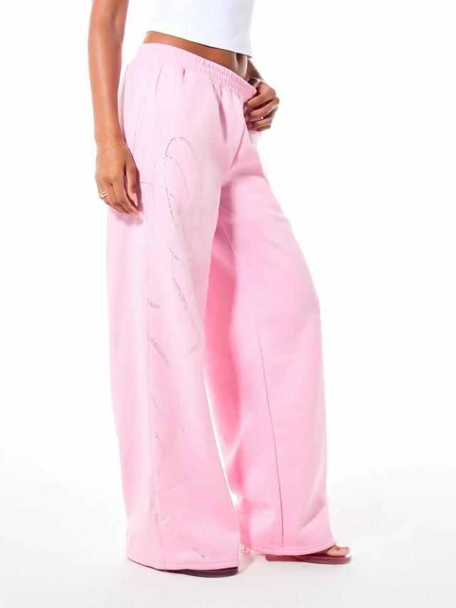 pink wide leg sweatpants with rhinestone floral print