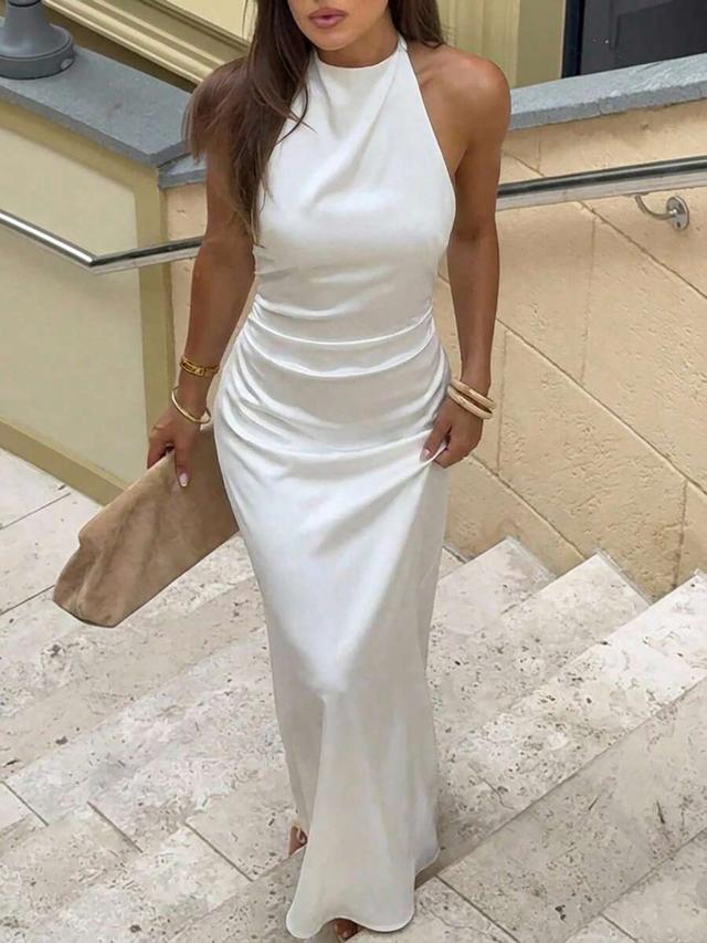 white satin halter neck draped midi dress