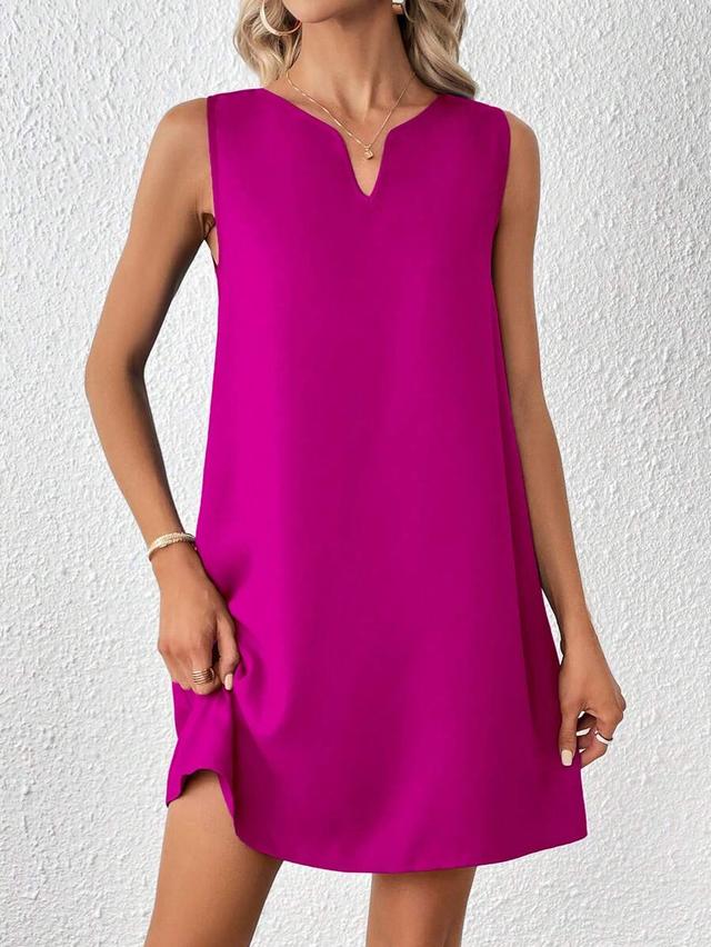 fuchsia notched neckline sleeveless shift tank dress