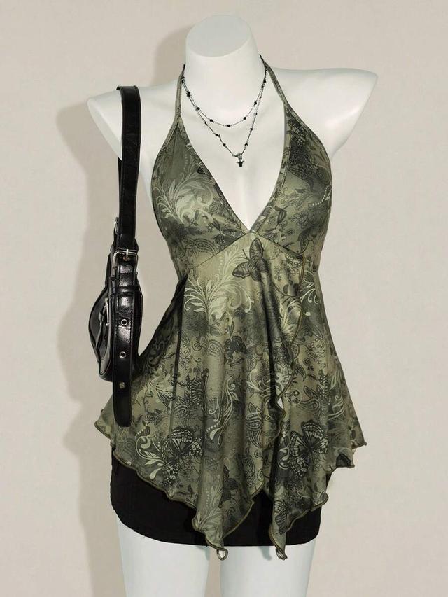 vintage butterfly print backless halter camisole