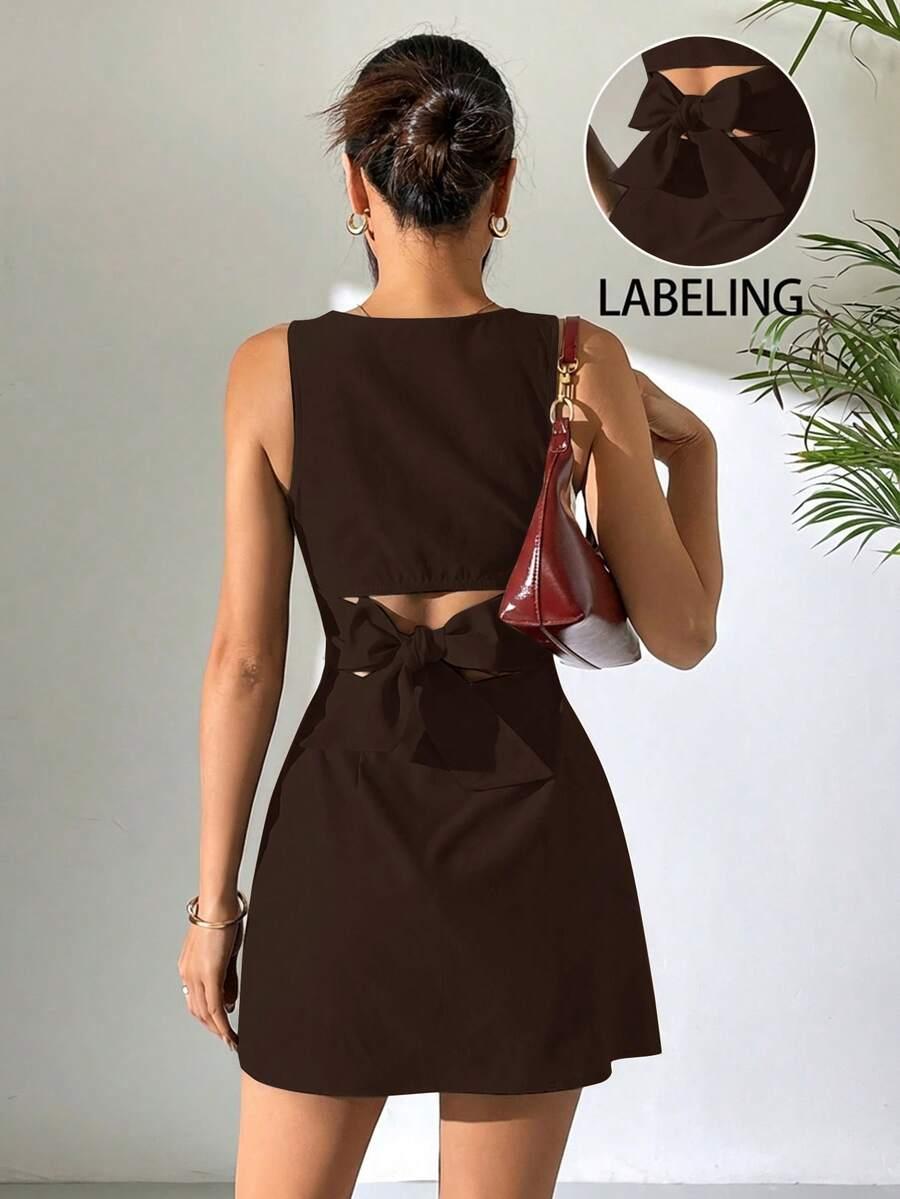 sleeveless dark brown mini dress with bow back