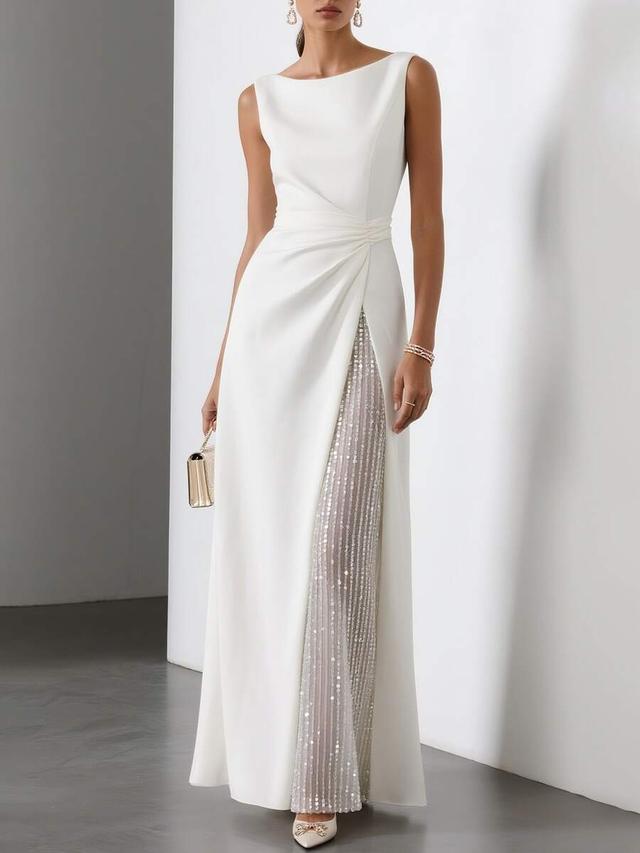 elegant white sleeveless boat neck fitted long dress