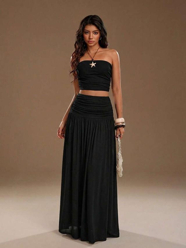 romantic pink mesh bandeau top and pleated maxi skirt set