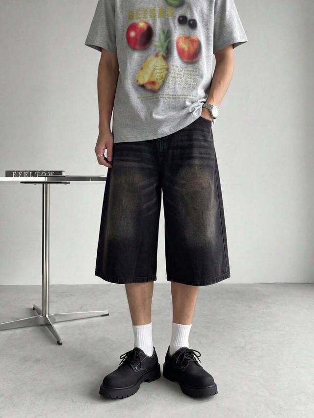 men retro washed distressed denim knee length shorts