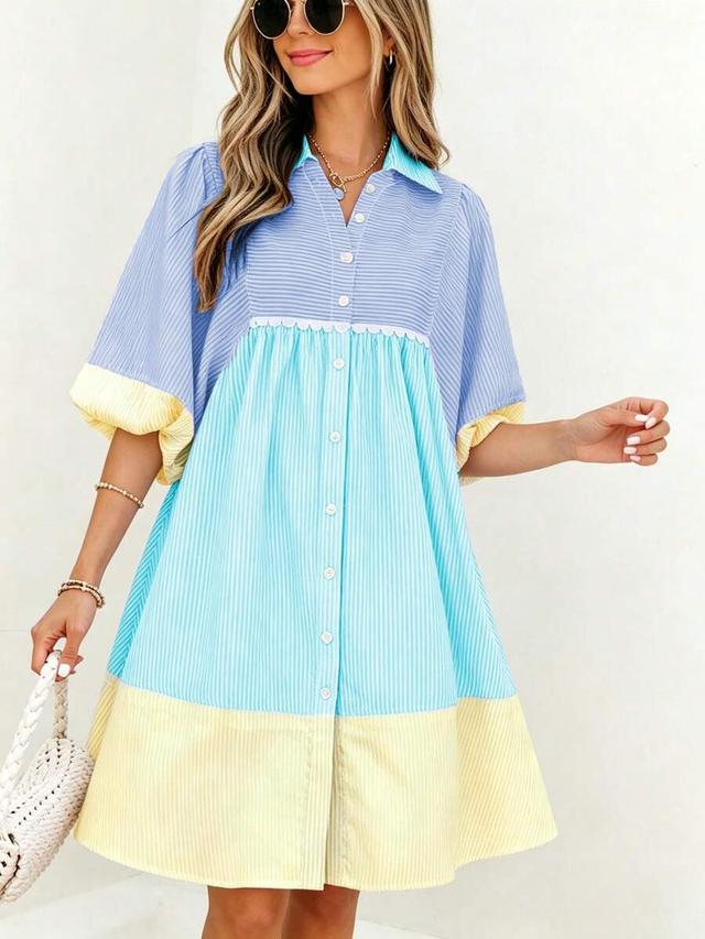 blue yellow colorblock striped cotton shirt dress