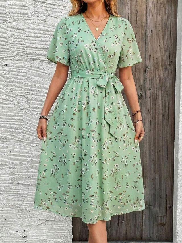 light green floral print midi wrap dress