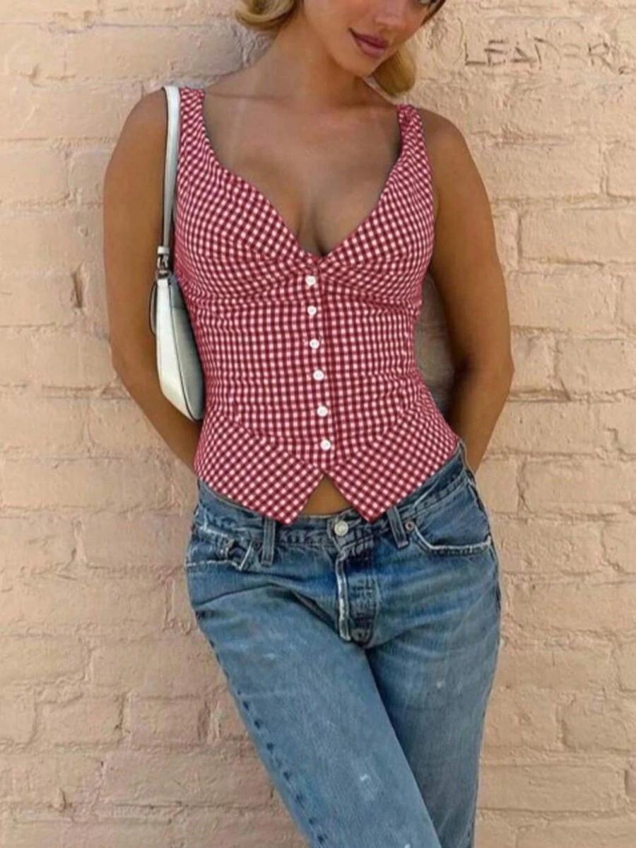 women's summer casual sleeveless thick strap button plaid tank top