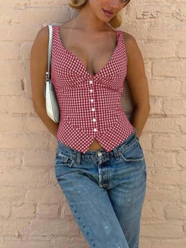 women's summer casual sleeveless thick strap button plaid tank top