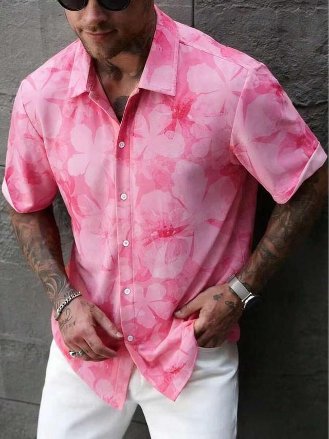 men's casual short sleeve pink floral shirt