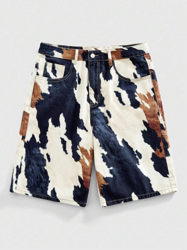 casual cow print patchwork denim shorts
