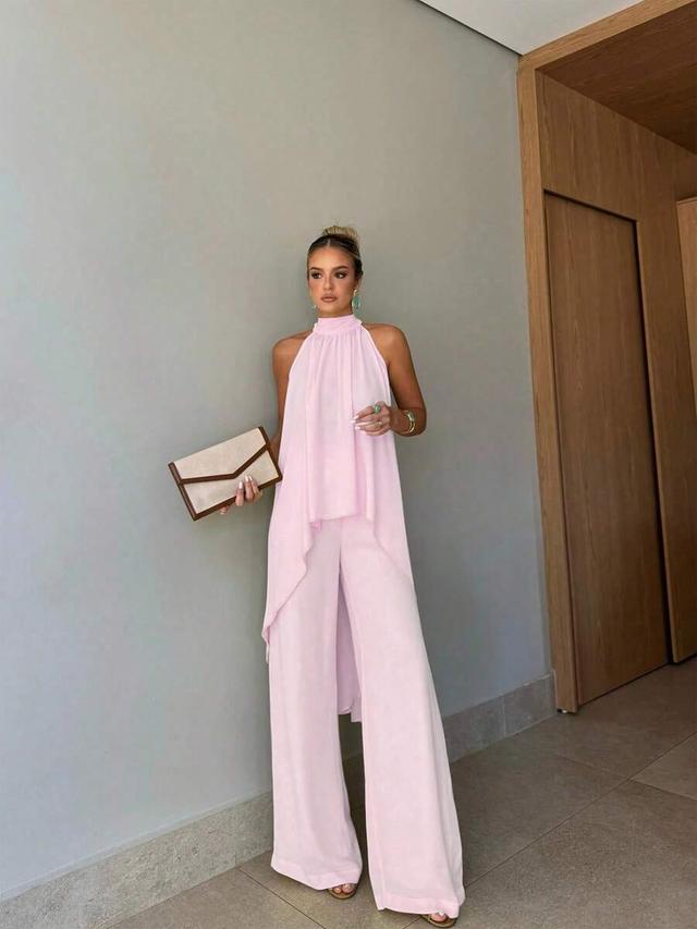 women's pink halter top and wide leg pants set