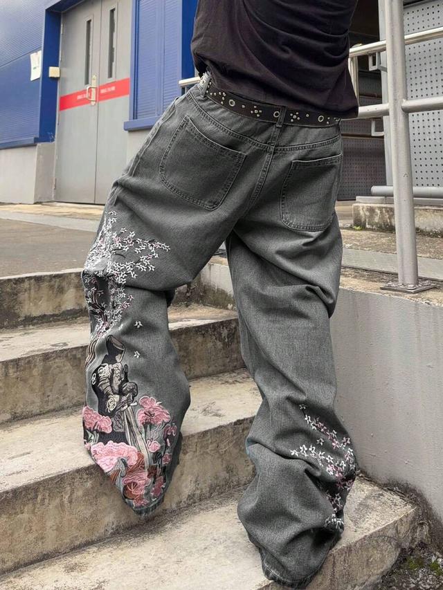 grey loose fit denim jeans with floral embroidery