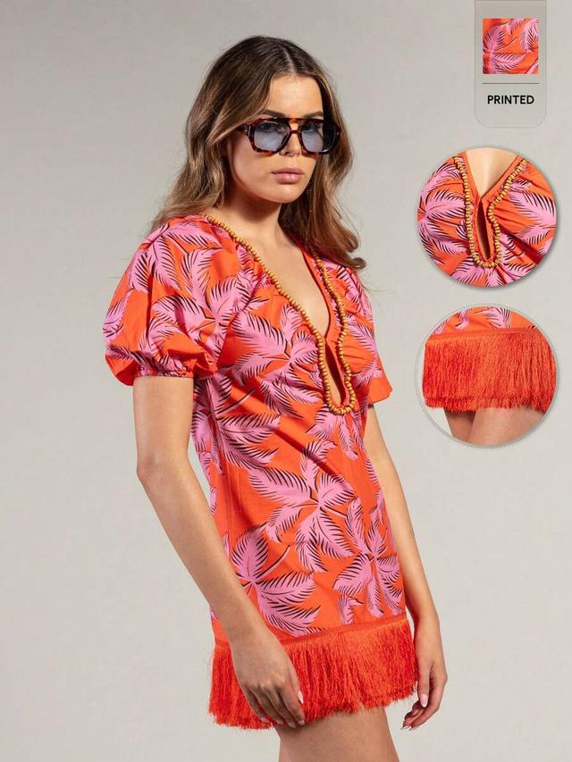 tropical print fringe hem petal sleeve mini dress