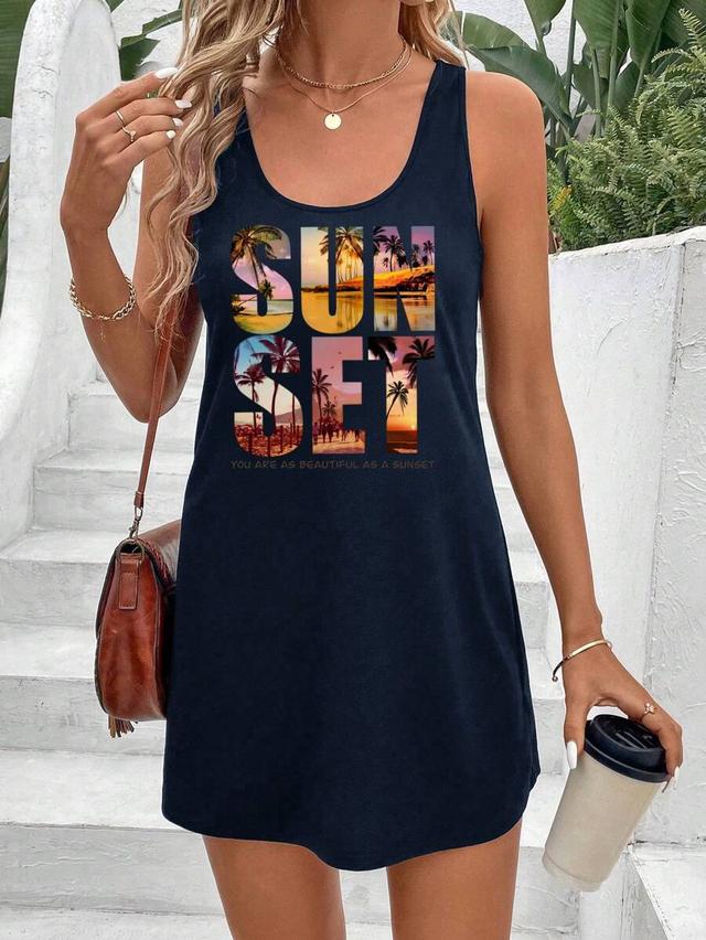 navy blue palm tree graphic mini tank dress