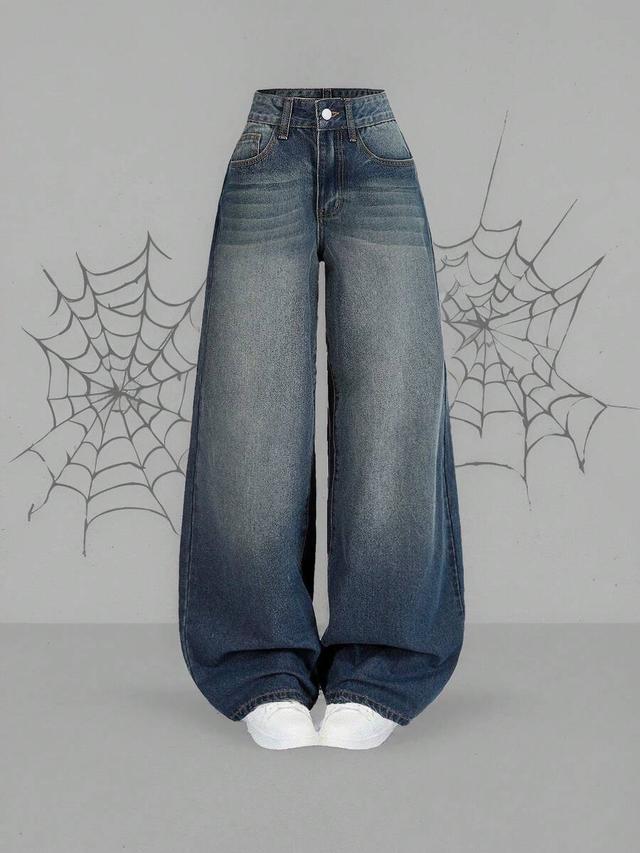 washed blue loose fit wide leg denim pants