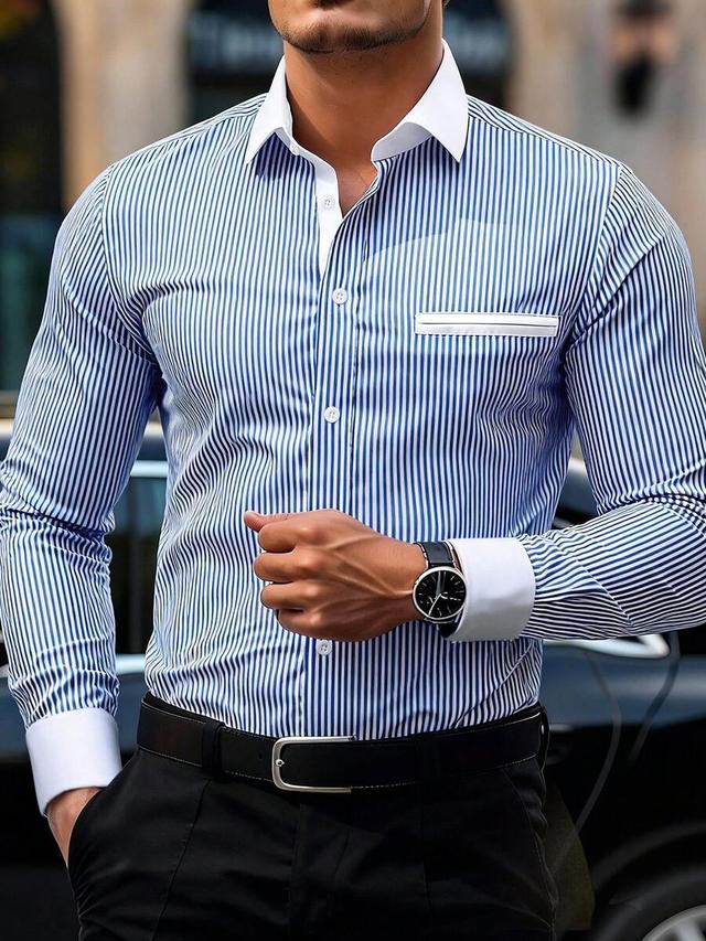 blue and white striped long sleeve dress shirt