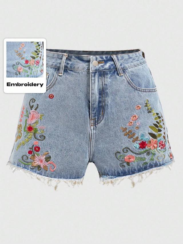 floral embroidered frayed hem denim shorts