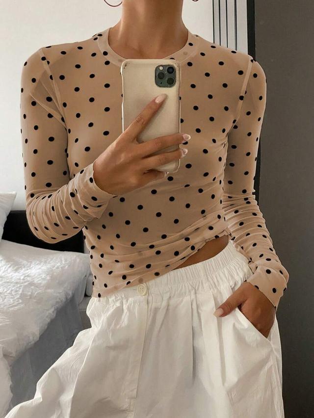 polka dot print fitted long sleeve mesh blouse