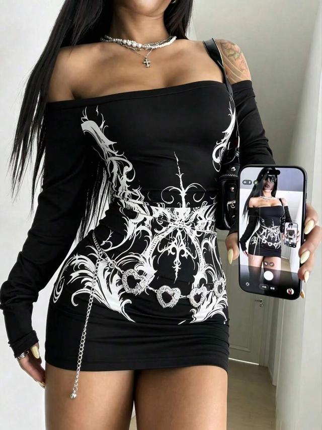 black and white graphic print off-shoulder mini dress