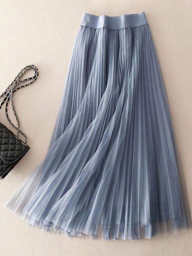 luminouswealth elegant blue pleated mesh a-line skirt