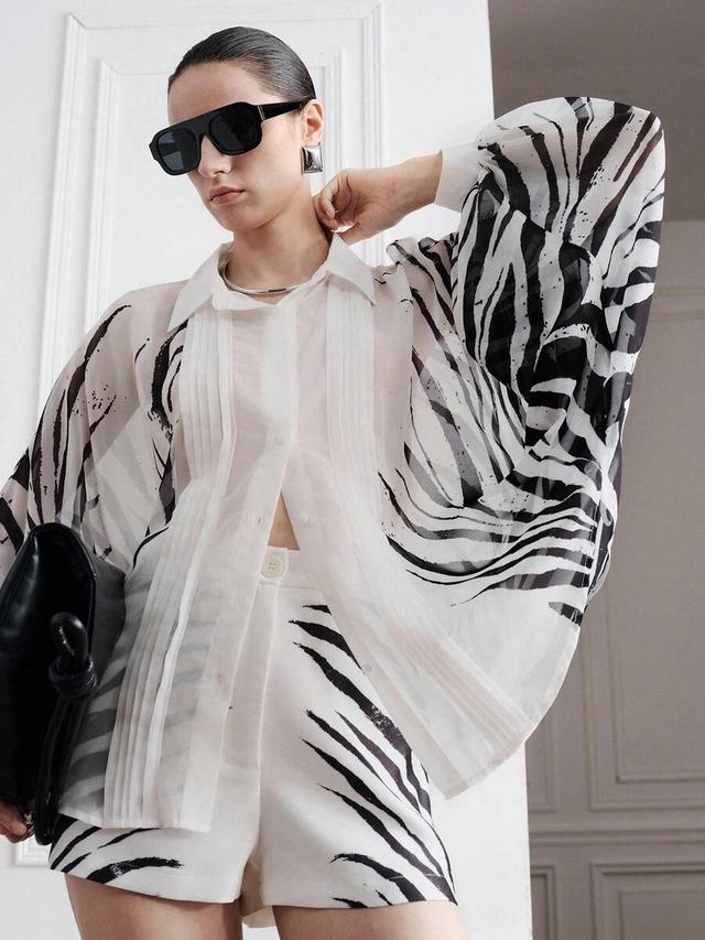 white zebra print chiffon loose ruffle blouse