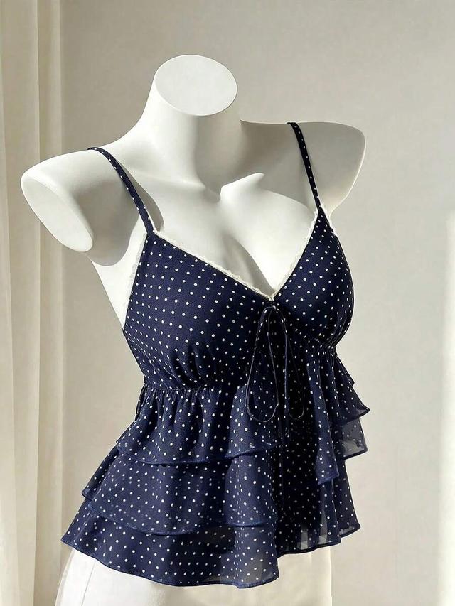 navy blue polka dot ruffle camisole top