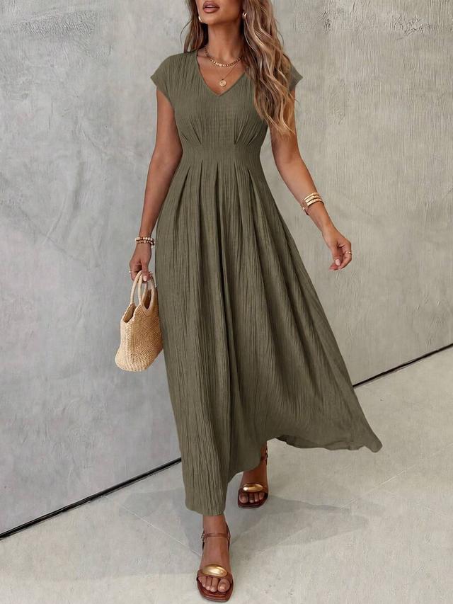 olive green textured v-neck pleated maxi dress