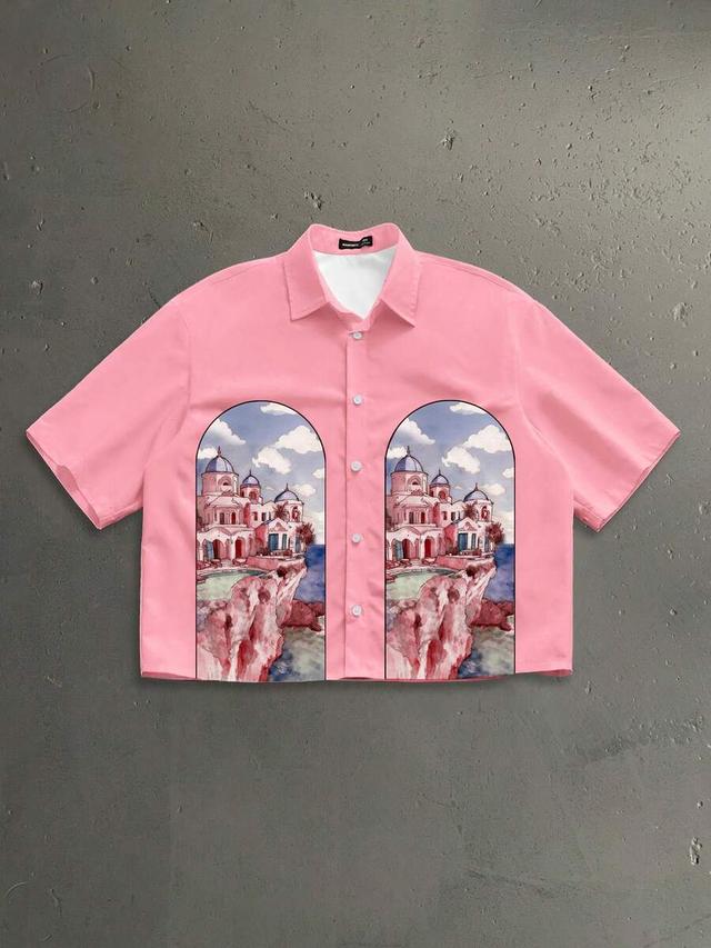 pink architecture pattern short sleeve casual shirt