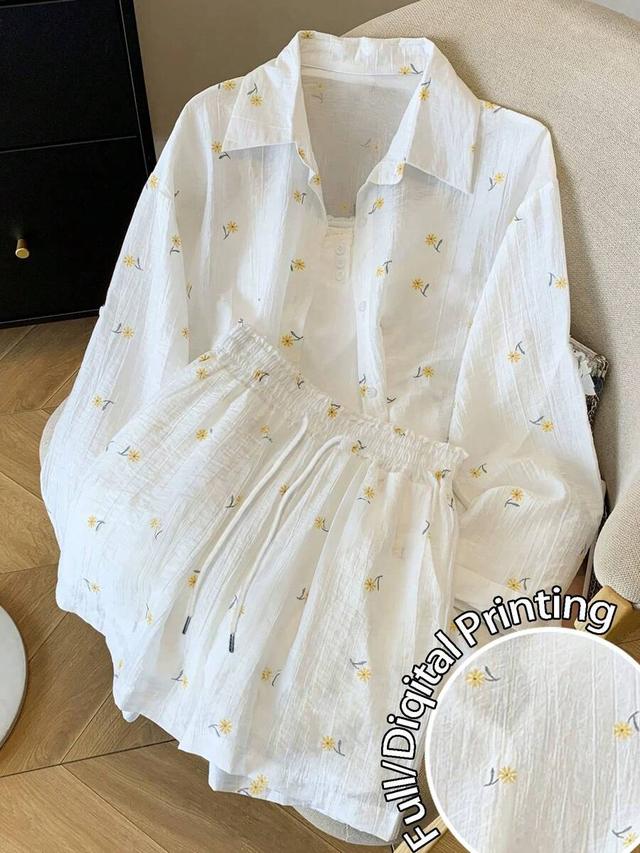 ditsy floral chiffon shirt and matching drawstring shorts set