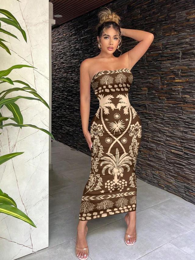 strapless brown printed midi bodycon dress
