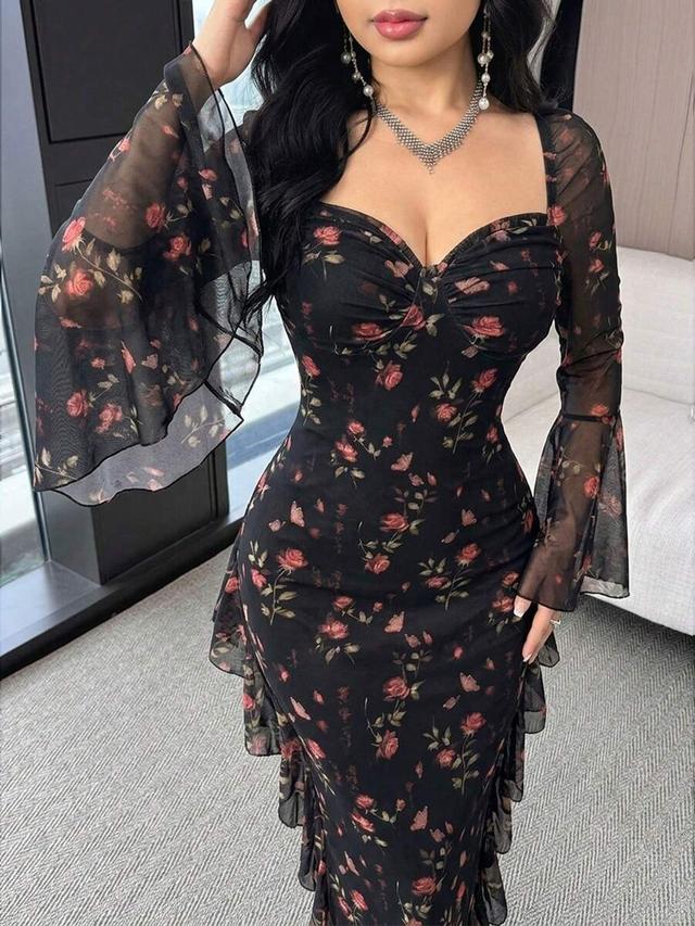 feyla women's elegant floral print heart neck flare sleeve dress