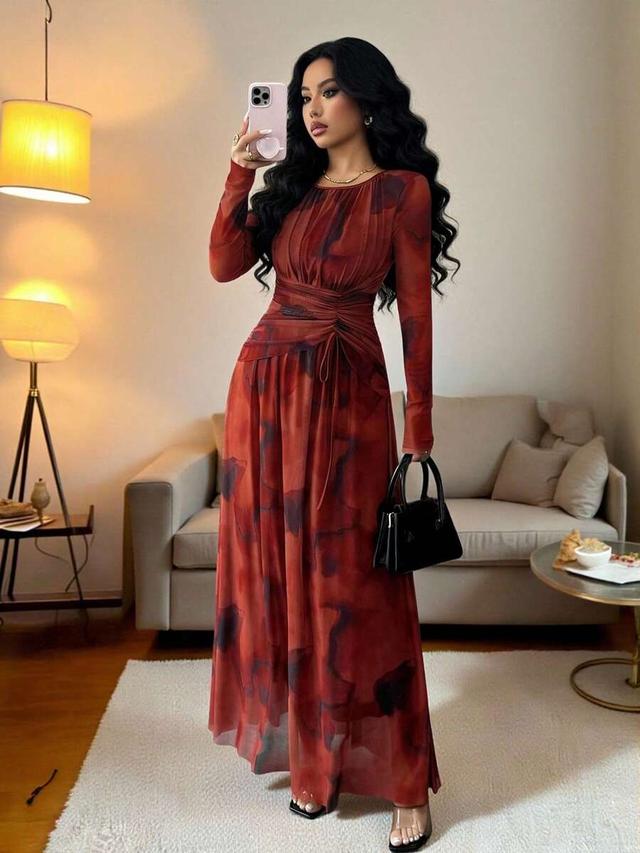 elegant tie dye print mesh ruched flared long sleeve dress